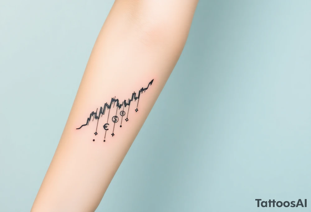 Create a unique tattoo design for a Forex trader. Include symbols of trading like a bullish candlestick chart, currency symbols (e.g., EUR, USD, GBP, JPY), and creative elements representing financial growth and strategy. The style should be minimalist black linework, modern and elegant, suitable for an arm or forearm tattoo.” tattoo idea