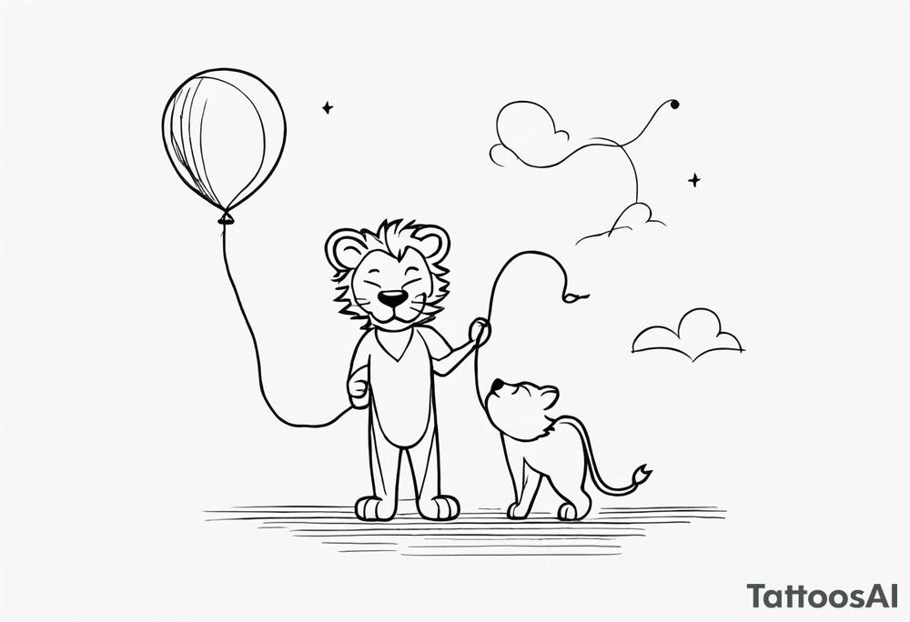 tatoo in sketch style only.
A little lion boy is holding a string to the hearth shaped small party baloon.
lion boy should be drawed from behind and has one hand reaching up in 45 degree angle and holding the baloon string
On the string is a wave which look like a hearbeat pulse.
draw it without any scenery, without any background. Just a boy 
Add heartbeat pulse on the string tattoo idea