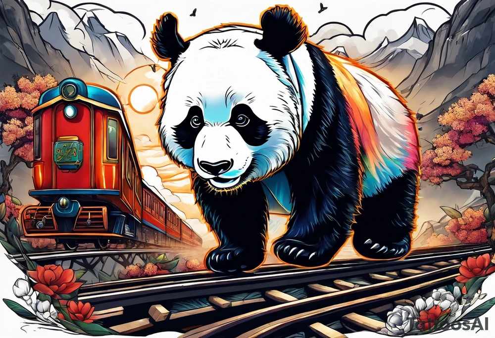 panda riding on a train tattoo idea