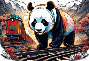 panda riding on a train tattoo idea