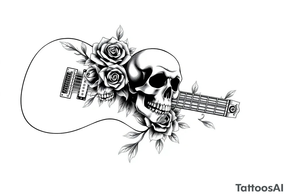 Electric guitar with skulls and roses printed on it tattoo idea