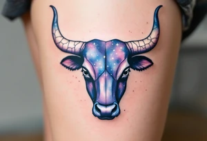 Cosmic Bull Head – Starry-textured bull hide in midnight blue and violet, speckled with faint constellations, and horns made of cracked white stone. tattoo idea