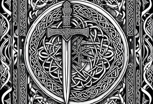 Celtic backpiece with sword, Celtic knotwork and pagan symbols tattoo idea