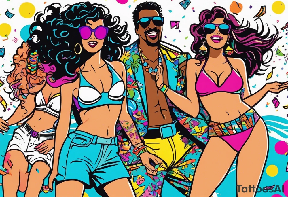 1980's miami vice style beach dance 
party, include confetti, music notes, boom box, bikinis tattoo idea
