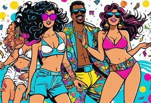 1980's miami vice style beach dance 
party, include confetti, music notes, boom box, bikinis tattoo idea