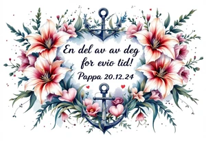 «En del av deg for evig tid!
Pappa 20.12.24» Surrounded by long gladiolus, hearts, notes and an anchor. tattoo idea