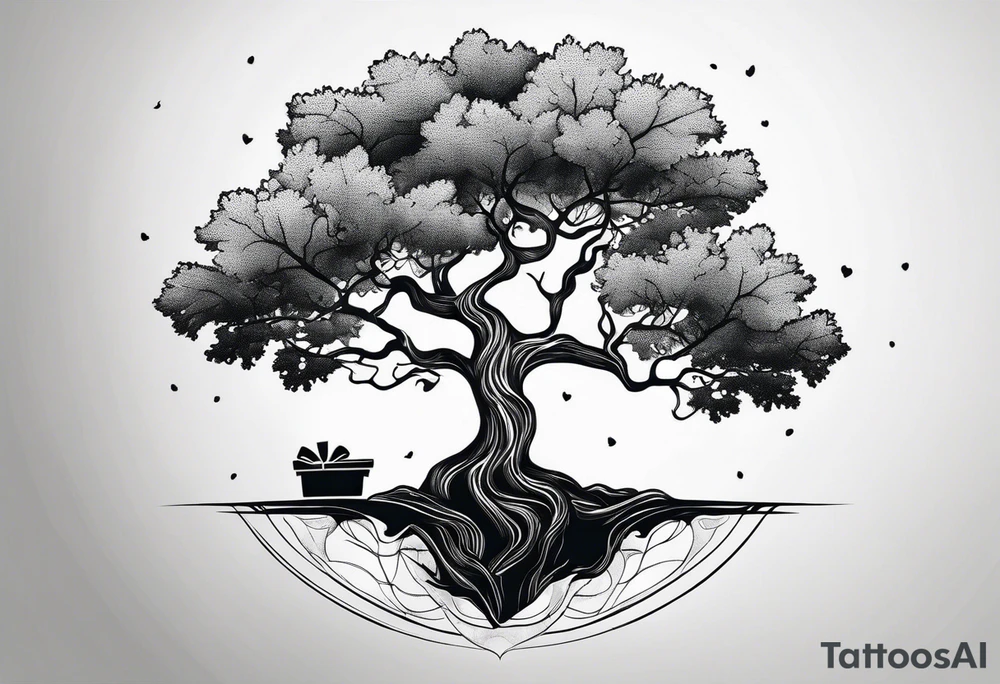 One line tattoo of oak tree with little gift at the bottom tattoo idea