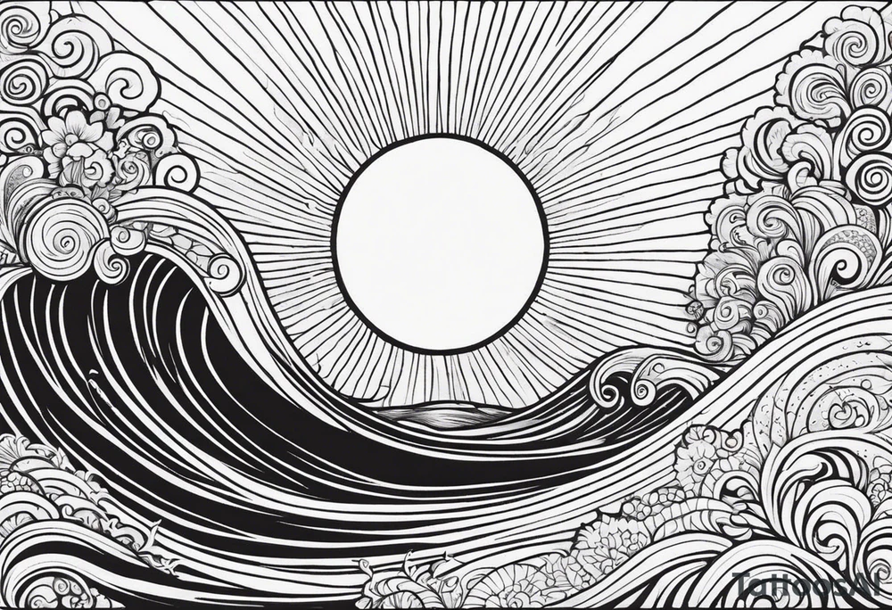 my sister's name Nėja and my mum's name Jūratė, I want to make a tattoo for them, I want to illustrate my sister as sun and my mum as ocean (wave or sea). My sister is very happy and always sunshine, my mum is strong and loves ocean. Made it in a circle. sun should radiate happy energy, ocean strong energy tattoo idea