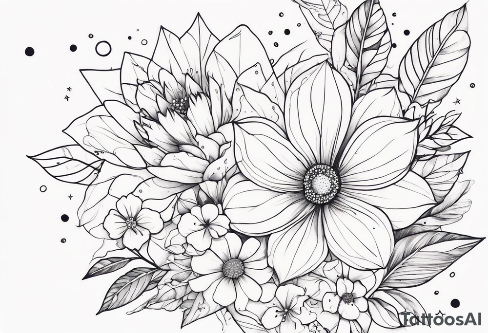 fine line with stars, floral, dots tattoo idea