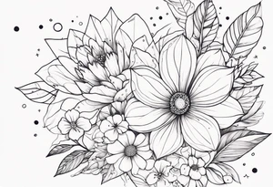 fine line with stars, floral, dots tattoo idea