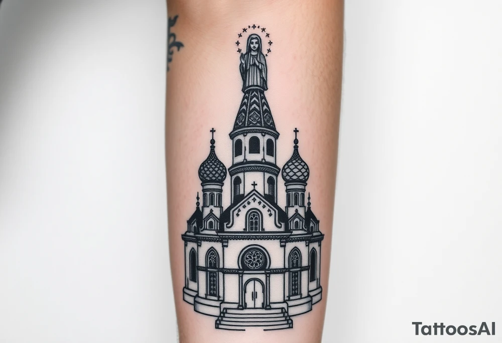 in a dorsal view a detailed orthodox church with onion domes and a band at the front with mist shrouding the top and fading into a virgin mary overlooking above at the top tattoo idea