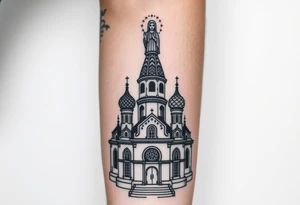 in a dorsal view a detailed orthodox church with onion domes and a band at the front with mist shrouding the top and fading into a virgin mary overlooking above at the top tattoo idea