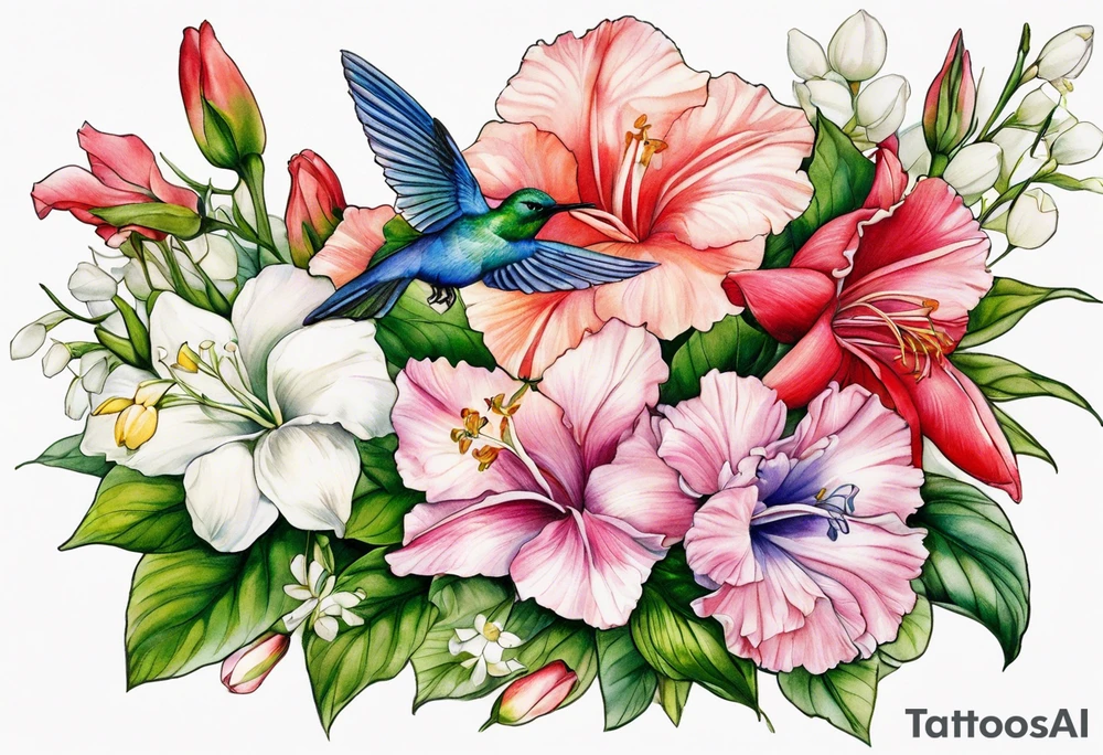 Humingbird made out of Carnation, Snowdrop, Violet, Primrose, Daffodil, jonquil, Lily of the Valley, Hawthorne, Rose, Honeysuckle, Larkspur, Water Lily, Gladiolus & Poppie, Aster, Morning Glory, Chrysanthemum,  Peony, Holly, Narcissus tattoo idea