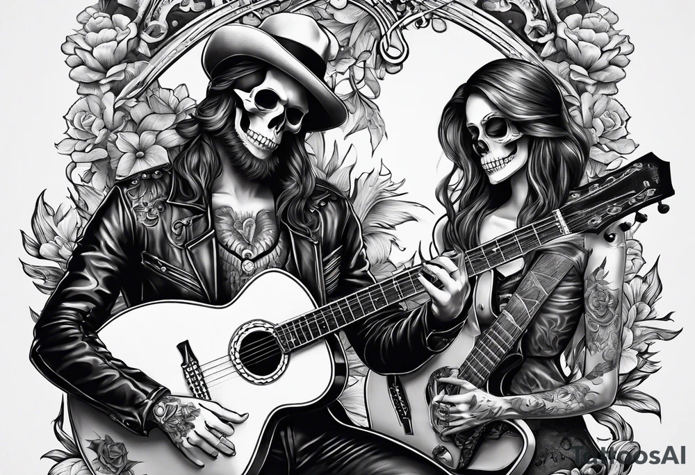 a male skeleton playing guitar while a female skeleton listens tattoo idea