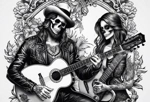 a male skeleton playing guitar while a female skeleton listens tattoo idea
