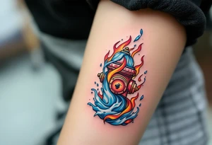 A detailed fire hydrant wrapped in a swirling water-and-flame motif, blending cool blue with fiery red and orange tones. tattoo idea