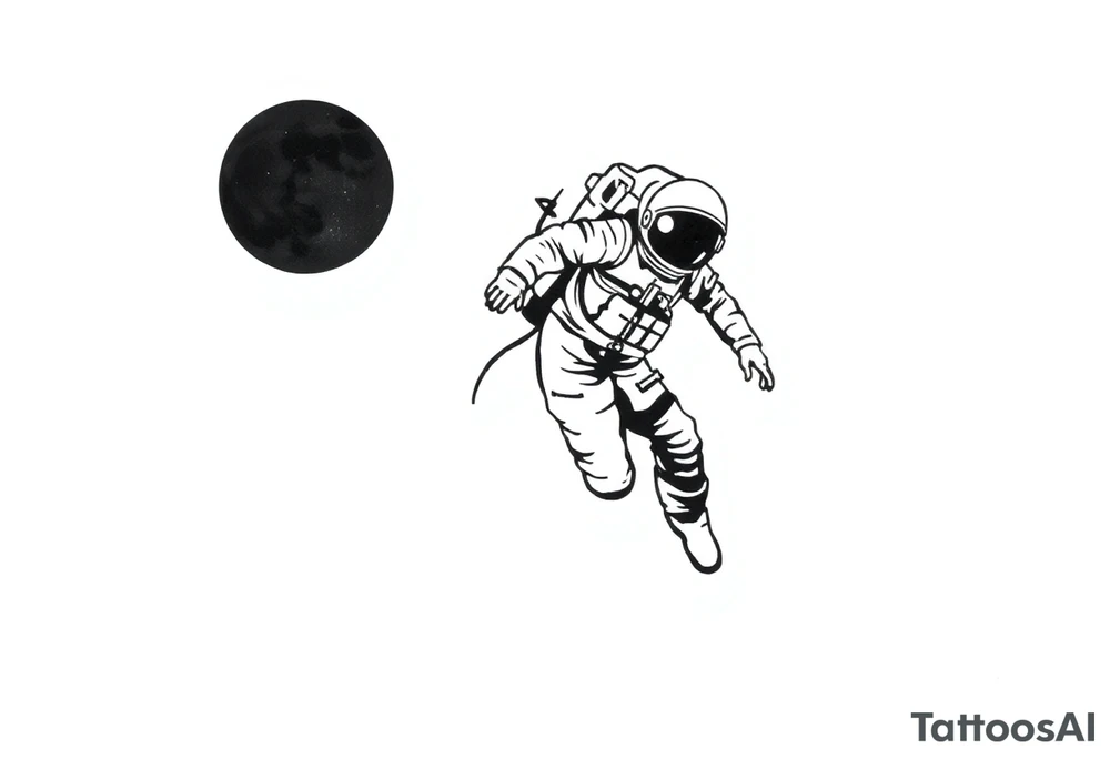 A realistic stencil silhouette style drawing of a astronaut floating in space tattoo idea