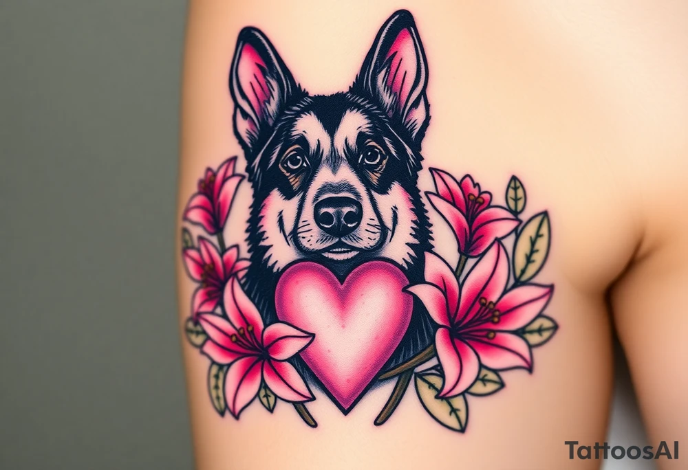 strong looking short haired german shepherd with alert ears surrounded by pink lilies with large leaves in front of a sacred heart tattoo idea