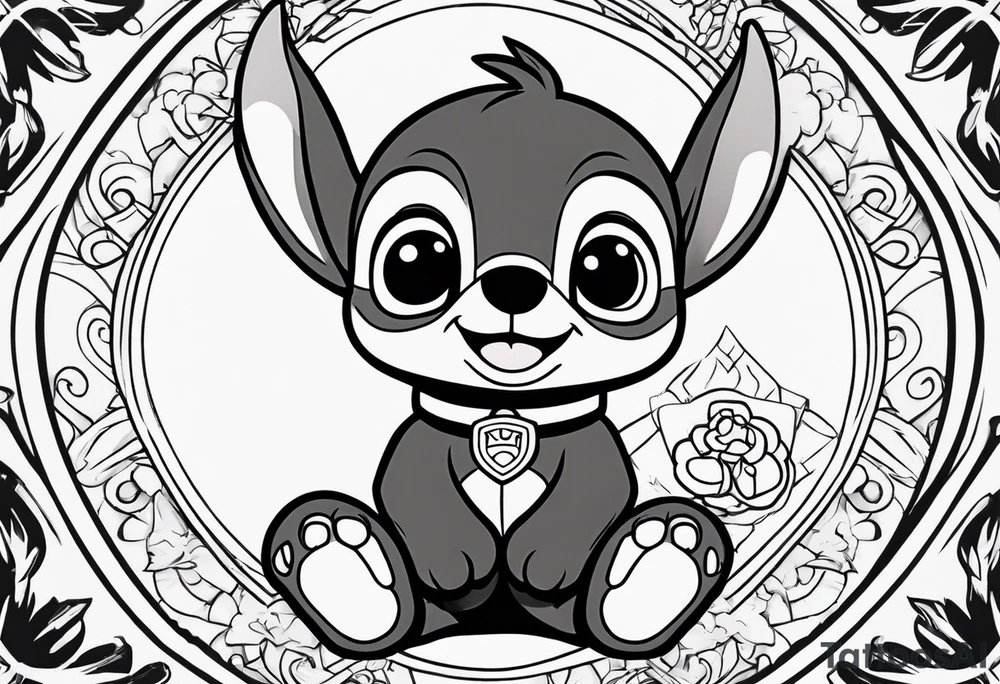 stitch sitting with paw patrol tattoo idea