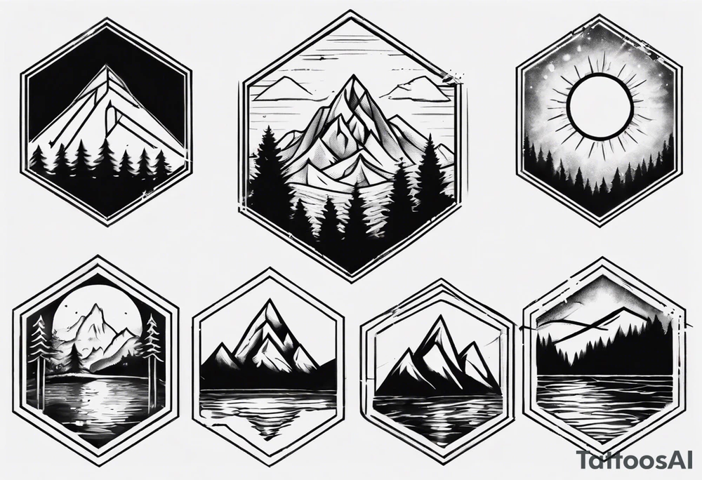 A hexagon with a mountain in the background on the right, the sun on the left, a coniferous forest in the foreground and a lake on the bottom tattoo idea