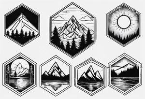 A hexagon with a mountain in the background on the right, the sun on the left, a coniferous forest in the foreground and a lake on the bottom tattoo idea