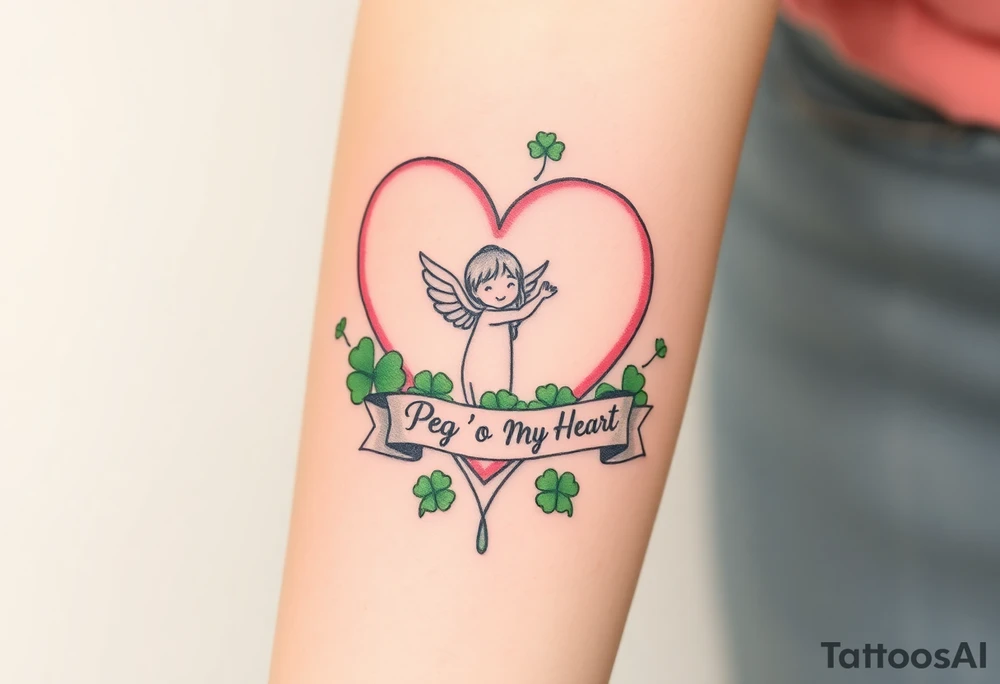 a big pale pink heart and a cartoon angel in a bunch of green shamrocks, a banner across the heart that says Peg 'o My Heart tattoo idea