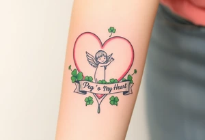a big pale pink heart and a cartoon angel in a bunch of green shamrocks, a banner across the heart that says Peg 'o My Heart tattoo idea