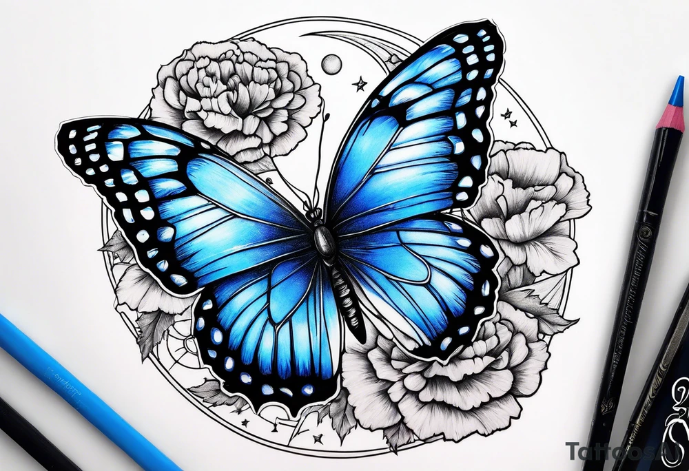 carnations blue butterfly moon tattoo idea