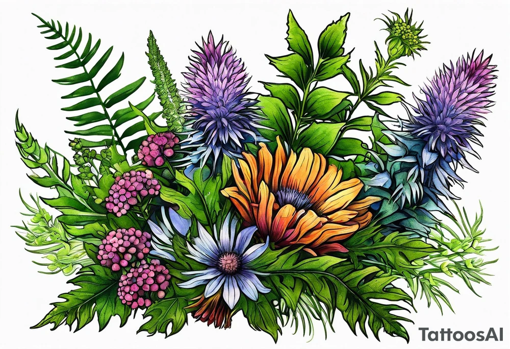 small vertical mixed wildflower bouquet with ferns, thistle and with color tattoo idea