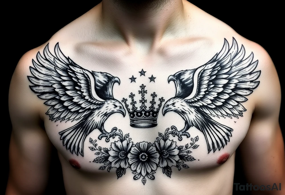 Chest tattoo,powerful two symetrical majestic eagles, surrounded by floral ornaments and lure, between eagles a crown tattoo idea