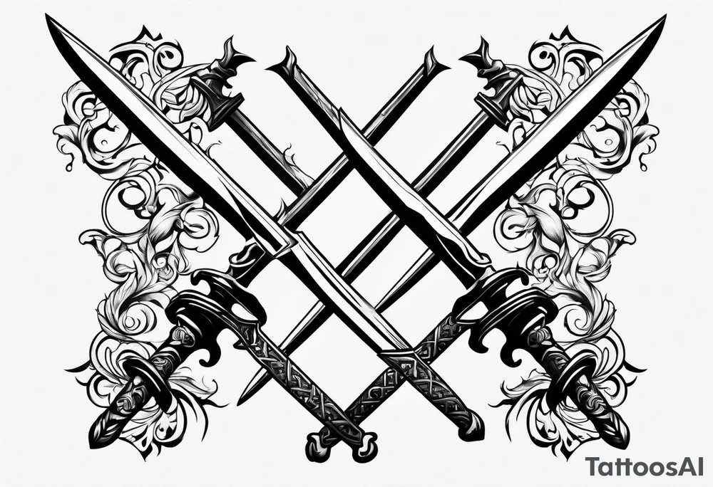 Two minimalist swords crossed on left hand tattoo idea