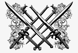 Two minimalist swords crossed on left hand tattoo idea
