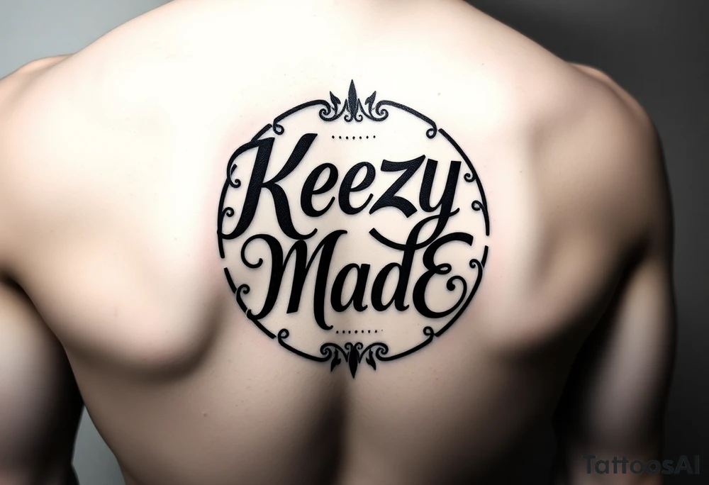 letters only fancy but rugged twisted and intertwined circular arched curvy lettering in a circular  that would be clothing brand style that says (KeezY MadE) almost the the roca wear symbol tattoo idea