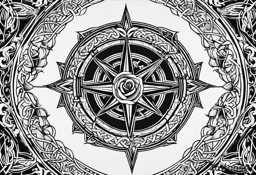 A rose compass with a labyrinth on the inside and to Celtic swords going through the center of the rose compass tattoo idea