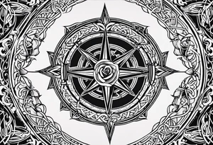 A rose compass with a labyrinth on the inside and to Celtic swords going through the center of the rose compass tattoo idea