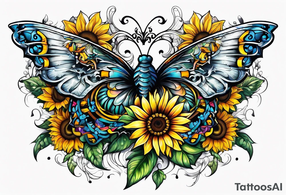 Winged cross with sunflower and butterflies tattoo idea