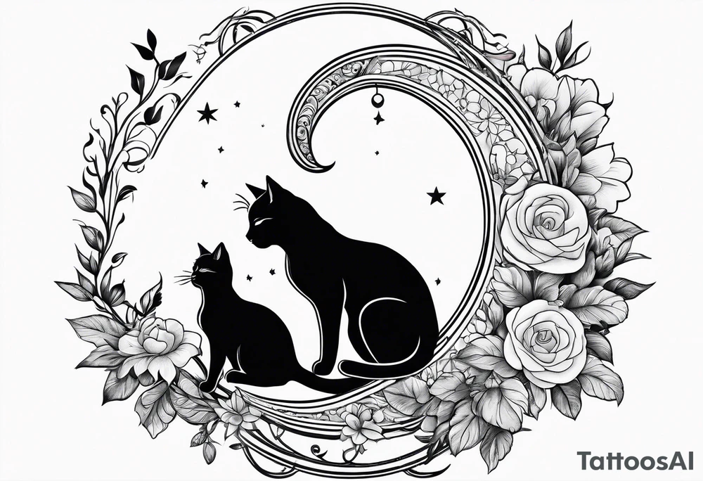 2 cats in laid crescent moon with flowers tattoo idea