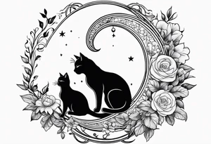 2 cats in laid crescent moon with flowers tattoo idea