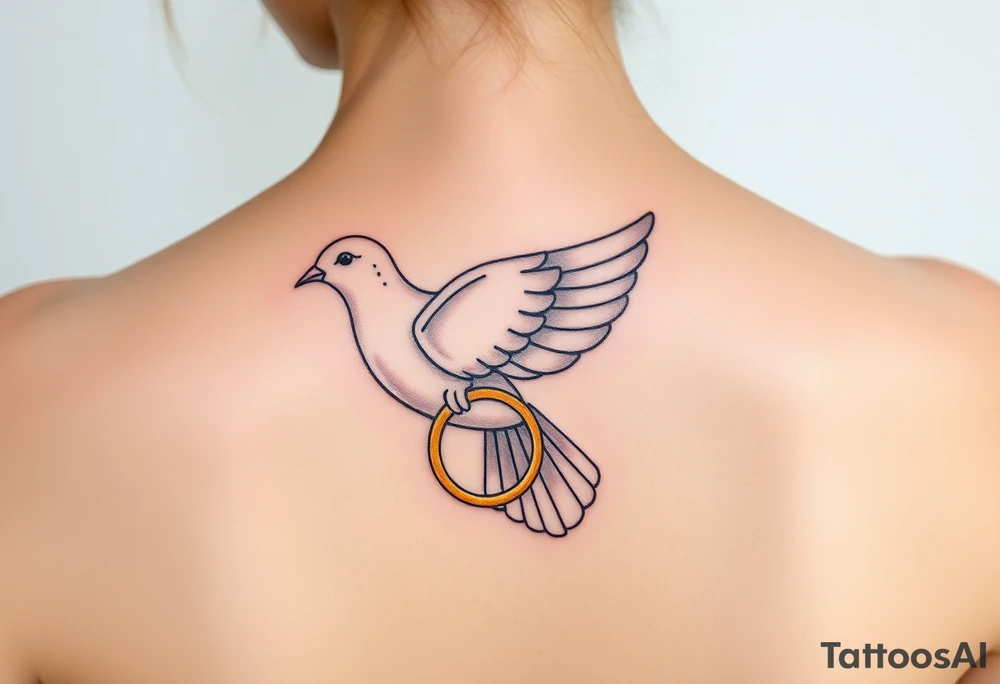 A collared dove with a golden wedding ring clasped in its talons, in a soft golden hue with the dove in pale gray and white, symbolizing commitment and eternal love tattoo idea