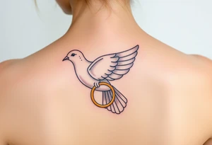 A collared dove with a golden wedding ring clasped in its talons, in a soft golden hue with the dove in pale gray and white, symbolizing commitment and eternal love tattoo idea