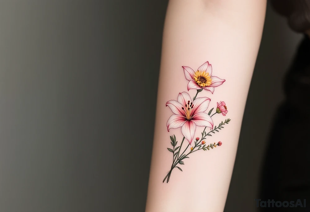 stargazer lillies in pink and white with small sunflowers and poppies in a dainty wildflower bouquet with stems tattoo idea