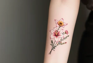 stargazer lillies in pink and white with small sunflowers and poppies in a dainty wildflower bouquet with stems tattoo idea