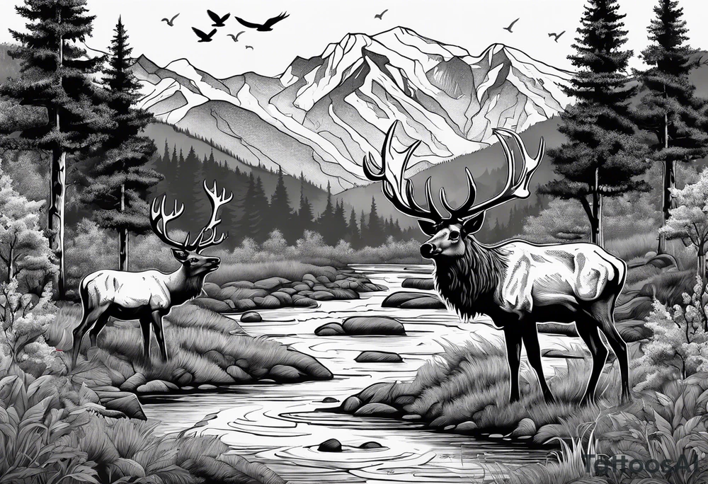 elk skull with mountains and trees
with a stream and birds overhead tattoo idea