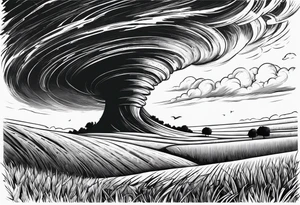 Tornado descending from the sky reaching to the grass ground at a point and throwing debris tattoo idea