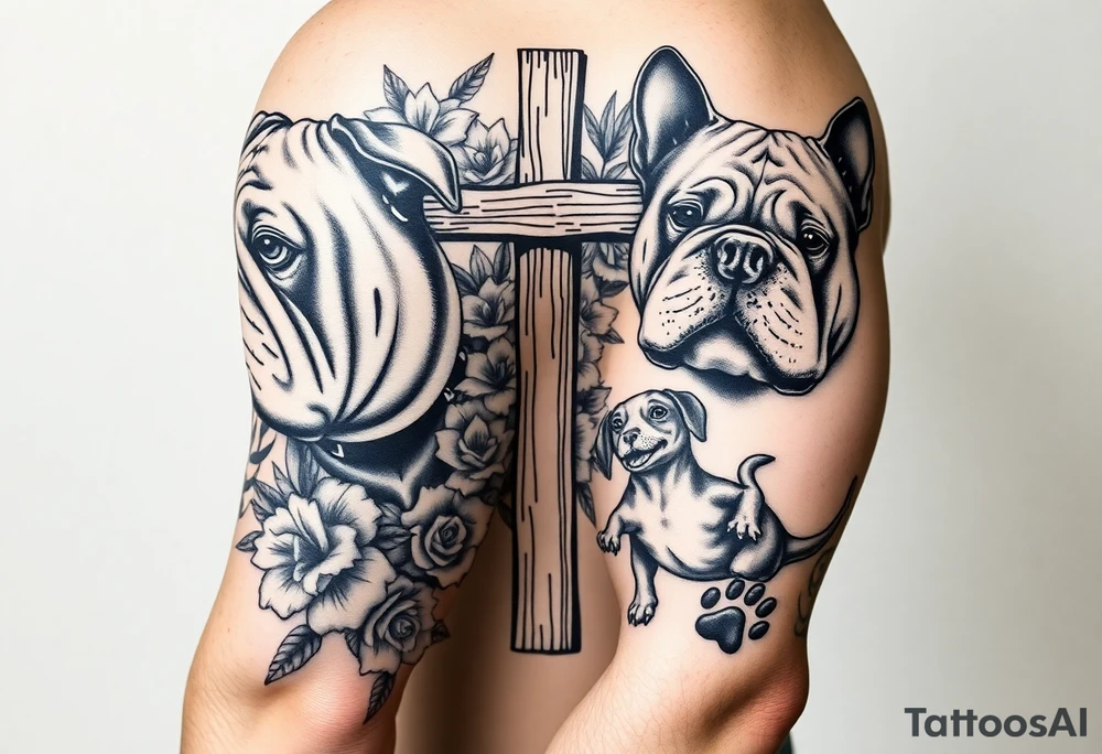2 powerfull bulldogs with a Old wooden cross surrounded by lilies and roses, New York City, Drama, Music, a bulldog/dachshund mix, and a baby dinosaur, with a paw print tattoo idea