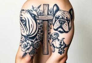 2 powerfull bulldogs with a Old wooden cross surrounded by lilies and roses, New York City, Drama, Music, a bulldog/dachshund mix, and a baby dinosaur, with a paw print tattoo idea