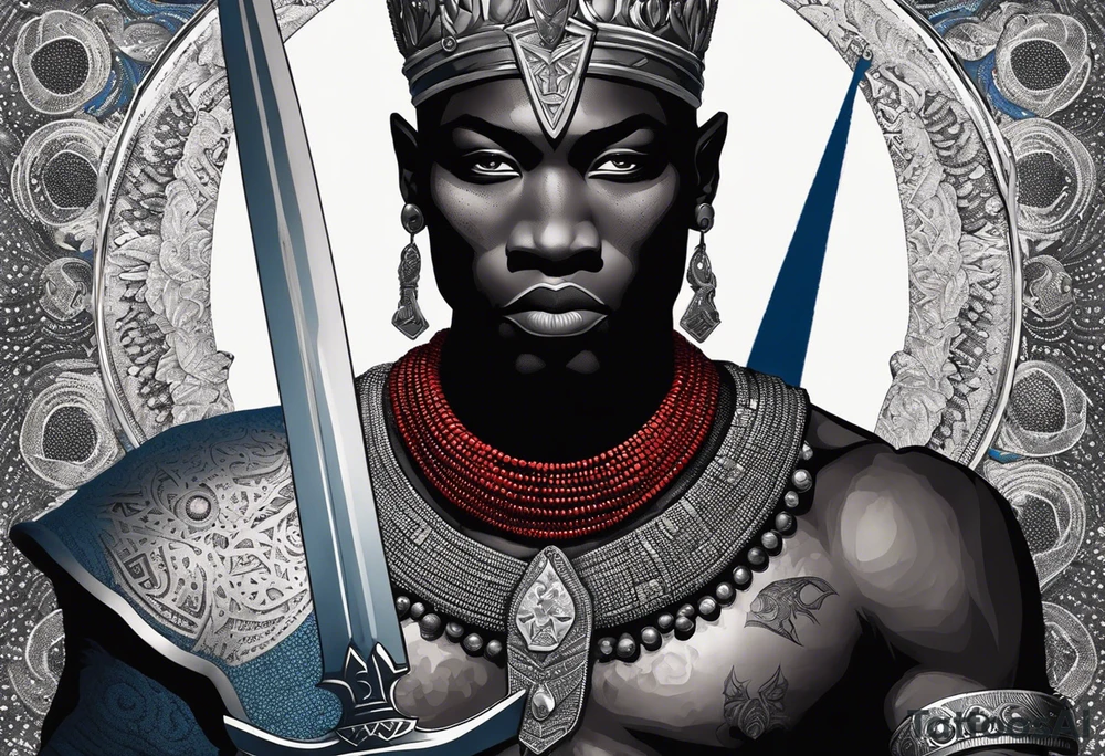 An african god, a bald black-skinned warrior, that uses a sword and a silver crown. He also uses blue and red necklaces tattoo idea