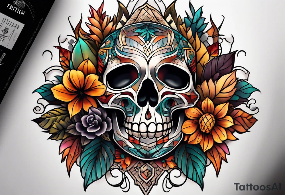 center knee tattoo with fall colors, flowers, skulls and geometric shapes. tattoo idea