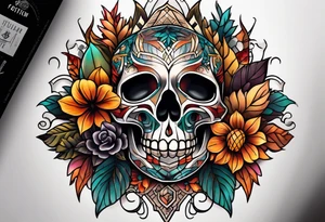 center knee tattoo with fall colors, flowers, skulls and geometric shapes. tattoo idea