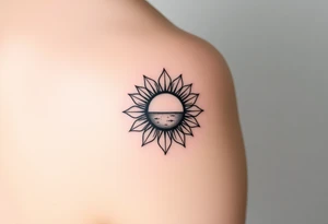 Half Sunflower, half sun tattoo that will "shine" on another small tattoo right above my elbow . It will go on my bicep with a stem, minimal and feminine tattoo idea